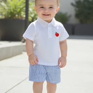 Cute Toddler Boys Back to School Outfit with Apple Embroidered Short Sleeve Shirt and Grid Elastic Waist Shorts - 2 Piece Set