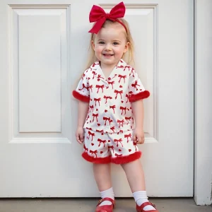 Girls Pajama Set, Heart Print Short Sleeve Button-up Shirt with Elastic Waist Shorts
