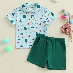 Boys Short Sleeve Dinosaur Print T-shirt and Elastic Waist Shorts Set