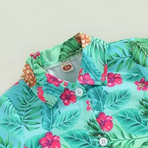 Summer Outfits Hawaiian Print Short Sleeve Shirt, Denim Shorts for Toddler Boys